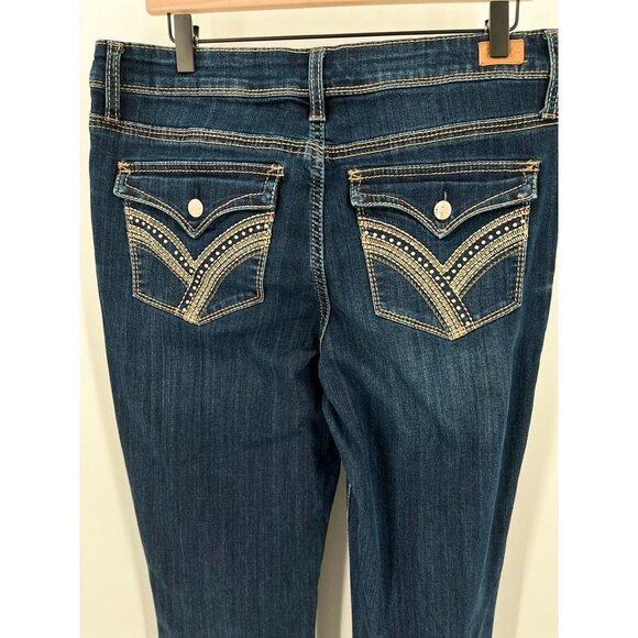 Seven7 Ladies Rocker Slim Bootcut Jeans Size 12 Dark Wash Embellished Pockets - Picture 6 of 13